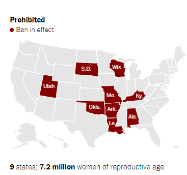 美国9个反堕胎法已经“触发”的州 截自纽约时报