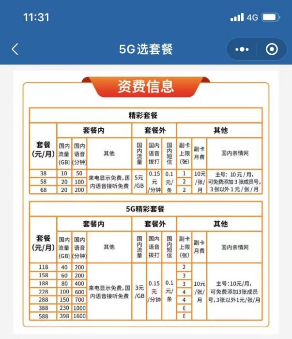 中国广电5G套餐资费信息，图片来源：“中国广电营业厅”微信小程序