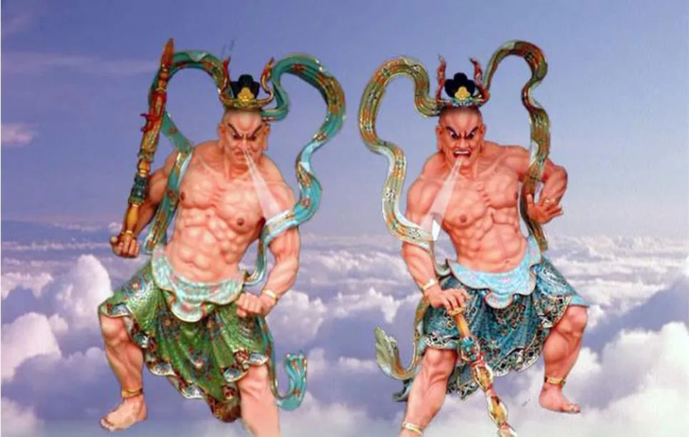手执金刚杵,一个叫做密迹金刚力士(吽形),另一个叫做那罗延坚固王(阿