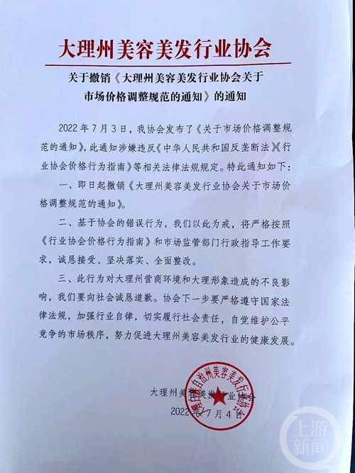 图片来源/受访者供图7月3日,一份名为《大理州美容美发行业协会关于"