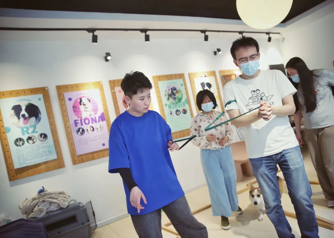 ▲4月10日,天通苑一家犬行为训练中心,牵引技巧团体课上,大佟让学员闭着眼睛,体验只靠牵引绳的“指令”走路。