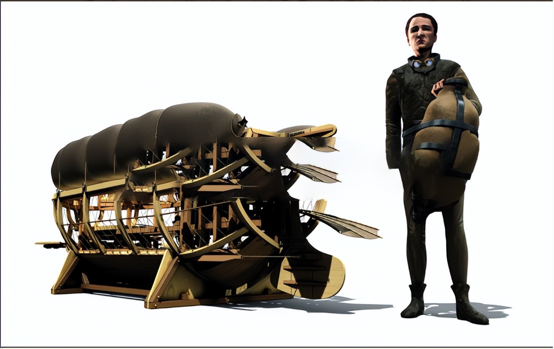 莱昂纳多3博物馆展出的机械潜艇和潜水员全貌达芬奇设想他的机械