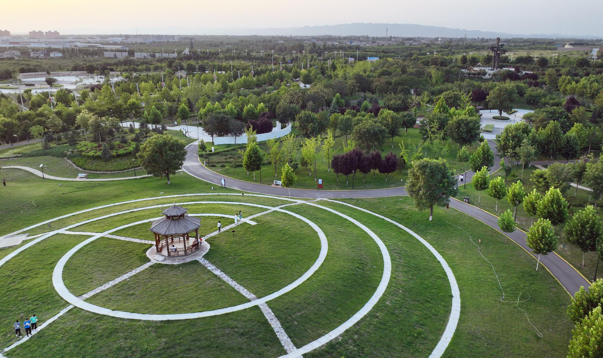 陕西合阳城在林中坐人在绿中行