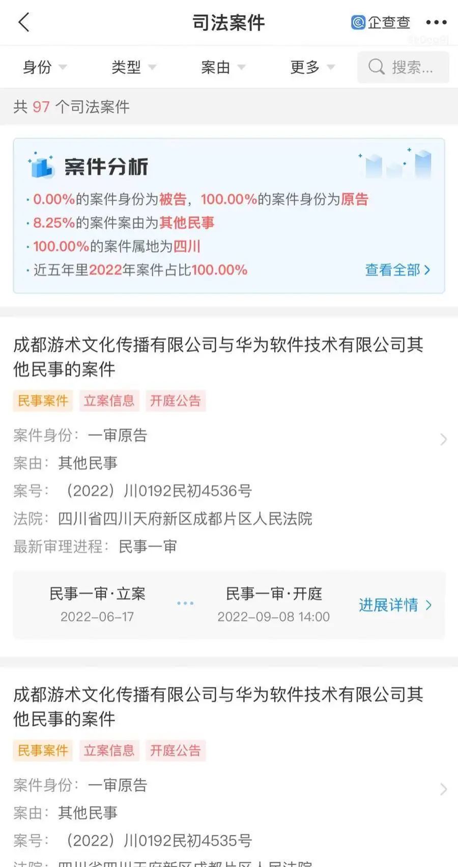 成都游术文化传播有限公司今年4月起多次起诉多家互联网公司