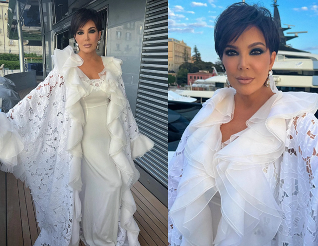 并秀出一组身着白色吊带裙配披肩,与黑人男友科里-甘布尔共同出镜