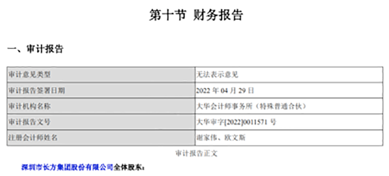 图为：*ST长方2021年财报被出具无法表示意见的审计报告