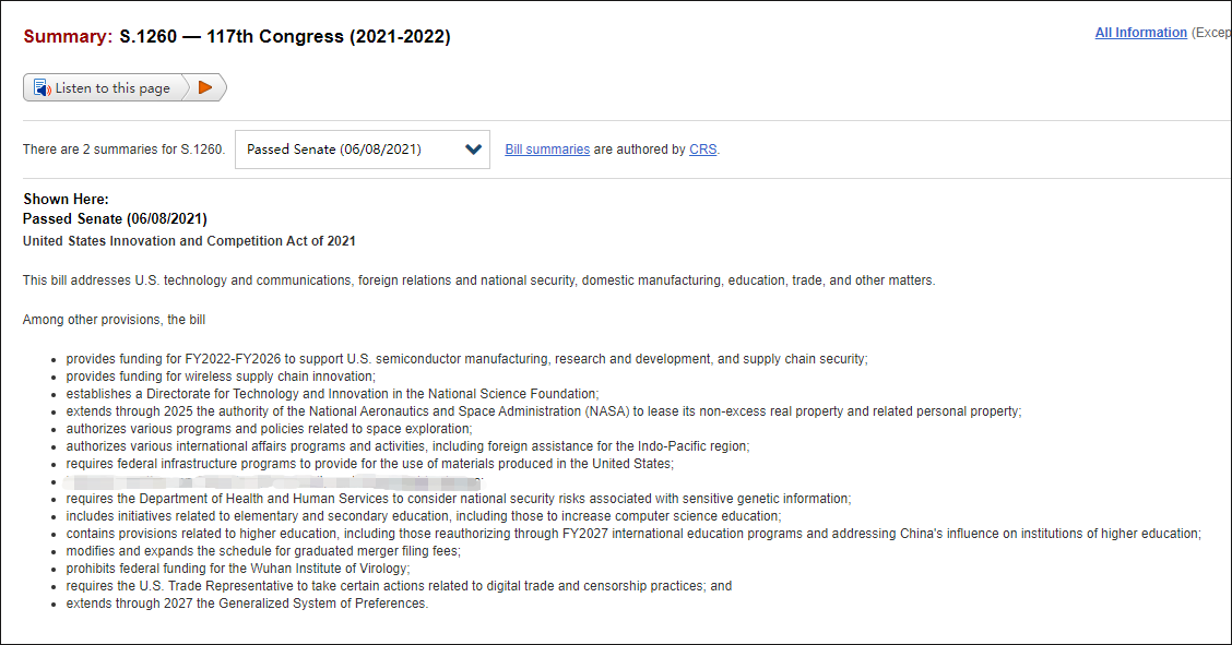 據國會網站介紹，2021年美國創新與競爭法涉及美國技術和通信、外交關係和國家安全、國內製造、教育、貿易和其他問題。