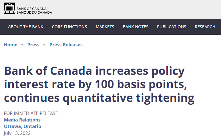 加拿大央行宣布加息100个基点，量化紧缩
