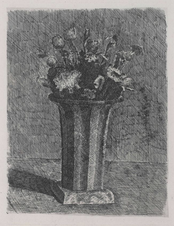 莫兰迪,条纹花瓶与花,蚀刻版画,1924年