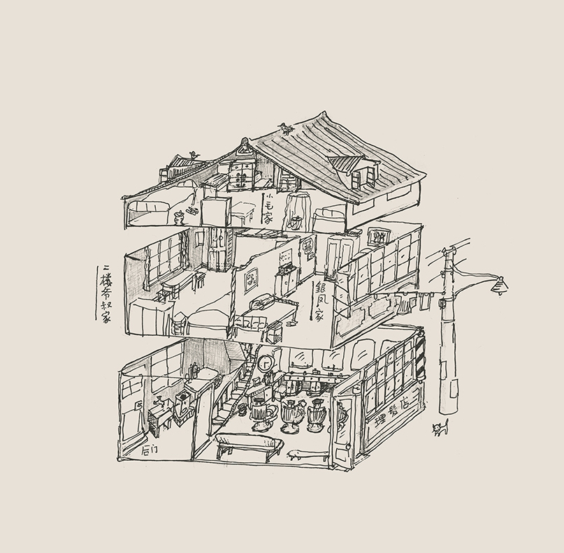 《繁花》系列之《樓下理發店》，金宇澄版畫作品