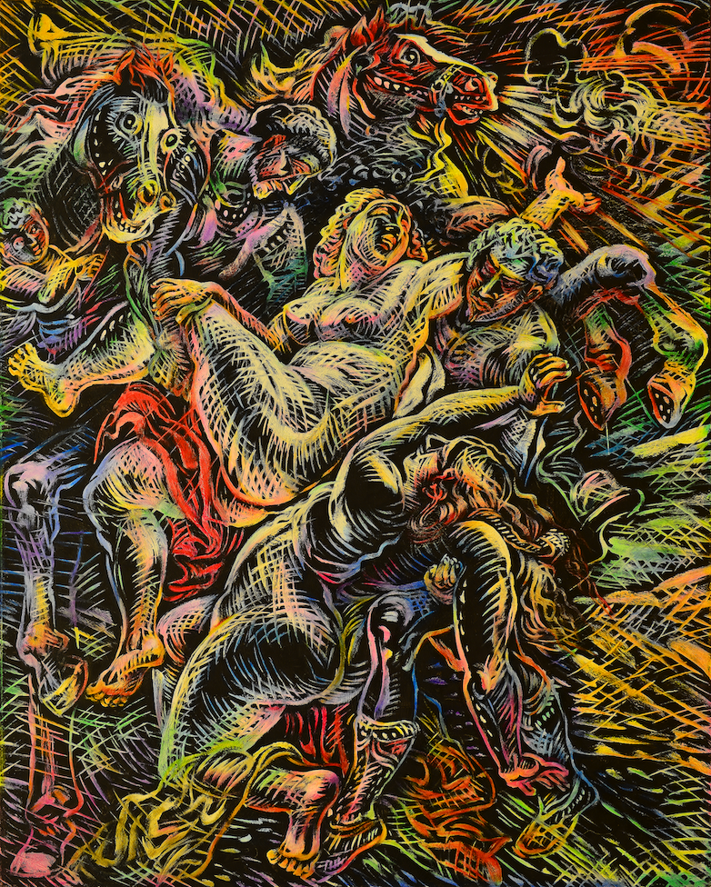 《重读美术史-鲁本斯·强劫留西帕斯的女儿》，布面油画，250 × 200 cm，2014 。当代唐人艺术中心供图