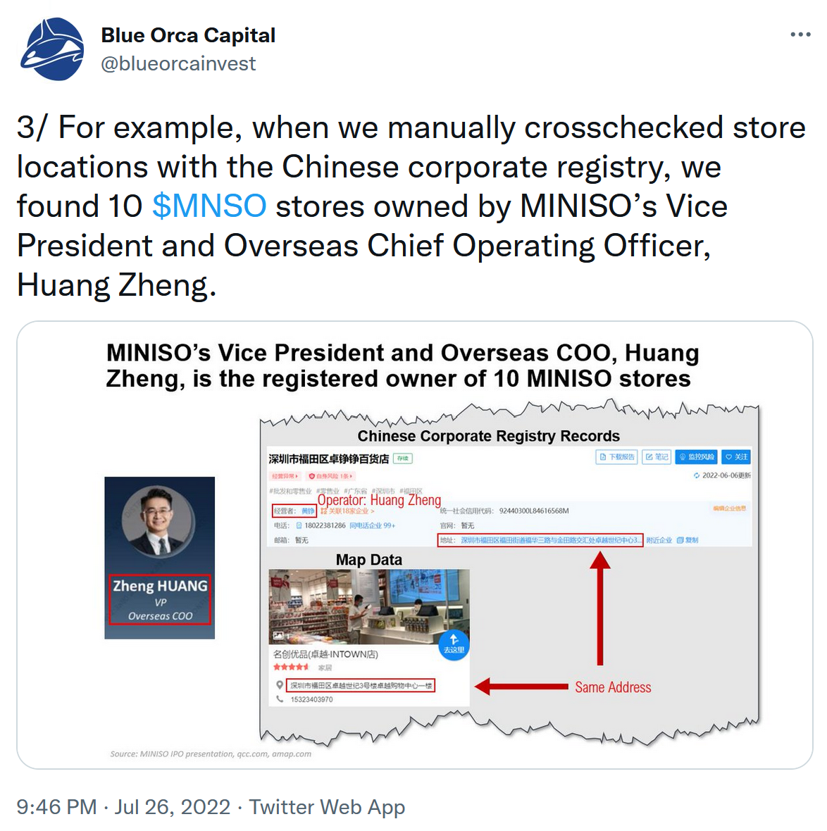 Blue Orca通过对比企业注册地址及实体店位置来取得证据来源：Blue Orca推特