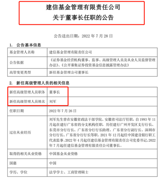 “建信基金官宣新掌门人，刘军曾任建行广东分行行长