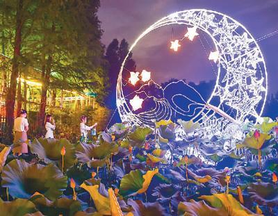 市民游客在洛阳市隋唐城遗址植物园赏荷游园会上沉浸体验夜游“荷塘月色。”黄政伟摄（人民视觉）