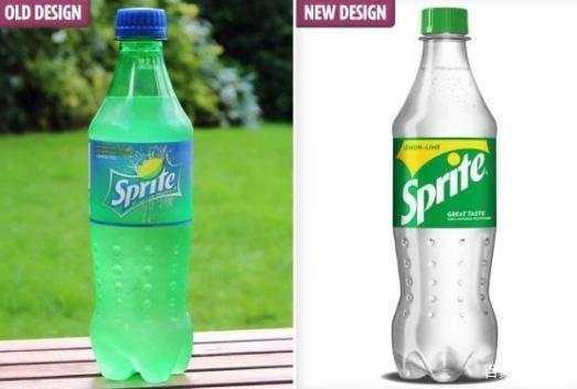 左图：雪碧目前的包装   右图：未来改款的透明瓶    图片来源：网络