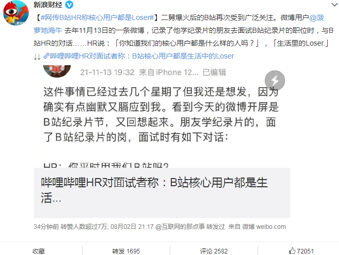 HR称“核心用户是Loser”？B站回应面试官已被劝退 网友：我要求退费...休闲区蓝鸢梦想 - Www.slyday.coM