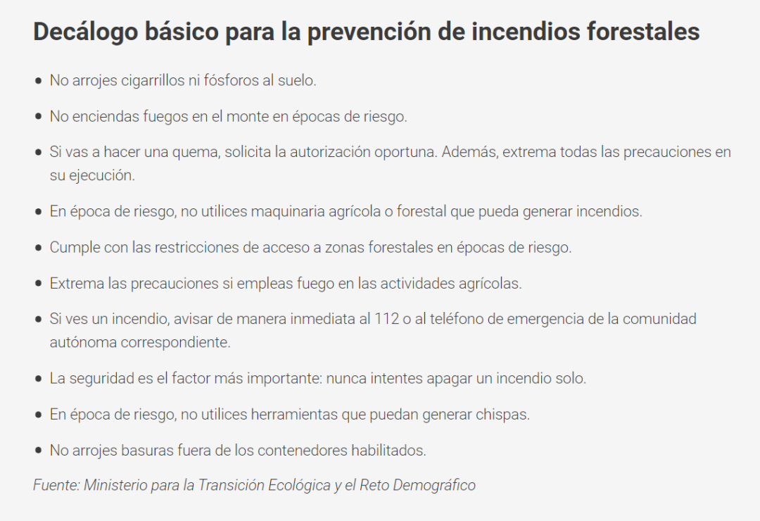 西班牙内政部对公民提出预防森林火灾的10点要求。