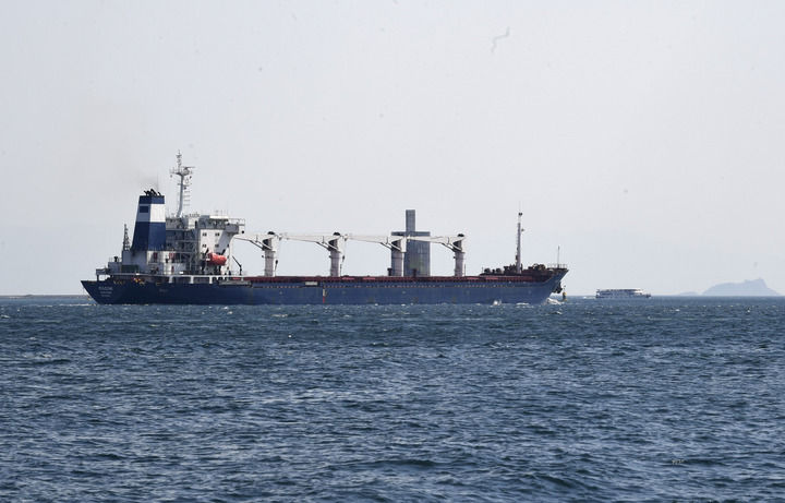 8月3日，从乌克兰敖德萨港出发的首艘运粮船“拉佐尼”号经过位于土耳其伊斯坦布尔的博斯普鲁斯海峡。新华社记者 沙达提 摄