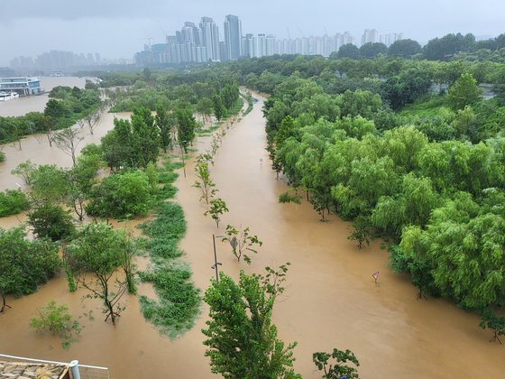汉江江边公园被洪水淹没.图自韩媒