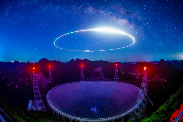银河下的“中国天眼”全景（无人机光绘照片，2022年7月24日维护保养期间拍摄）