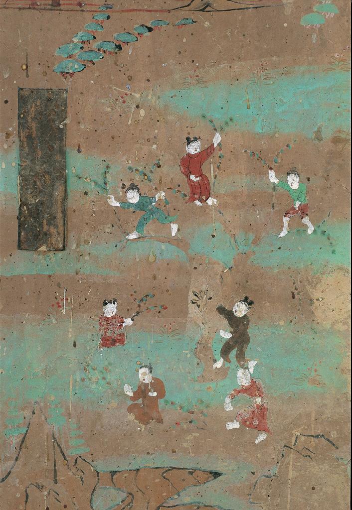 这是莫高窟第112窟中的中唐时期壁画,反映的是古代儿童游戏"群童