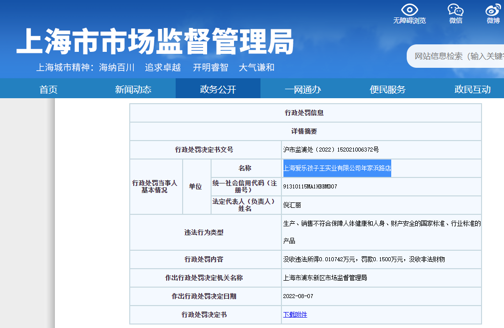 上海市市场监督管理局网站截图