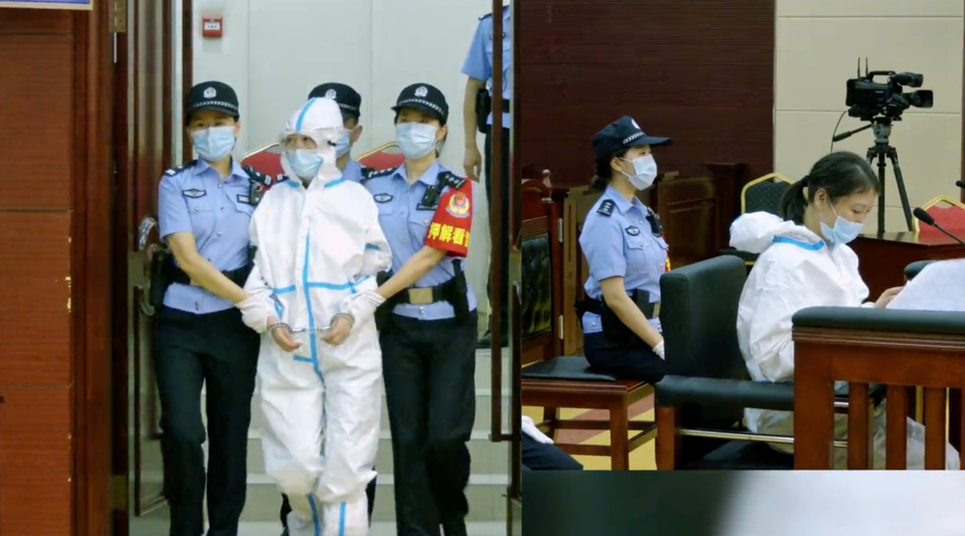 劳荣枝案二审画面曝光!劳荣枝身穿防护服出庭受审 神情黯淡无光