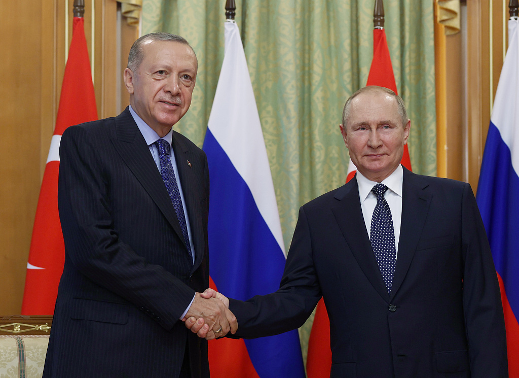  当地时间2022年8月5日，俄罗斯索契，土耳其总统埃尔多安（左）和俄罗斯总统普京（右）在俄罗斯索契会面。视觉中国 图