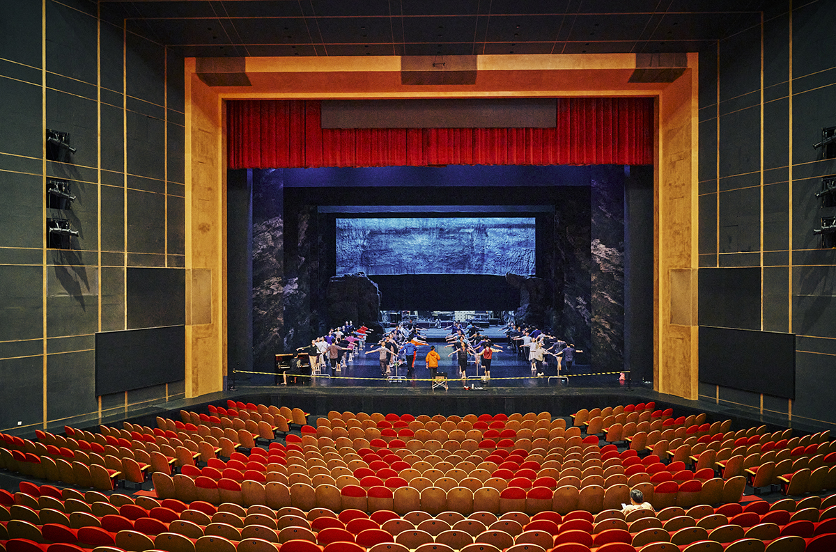 上海芭蕾舞团演员们在辛丽丽团长的带领下在剧场练功