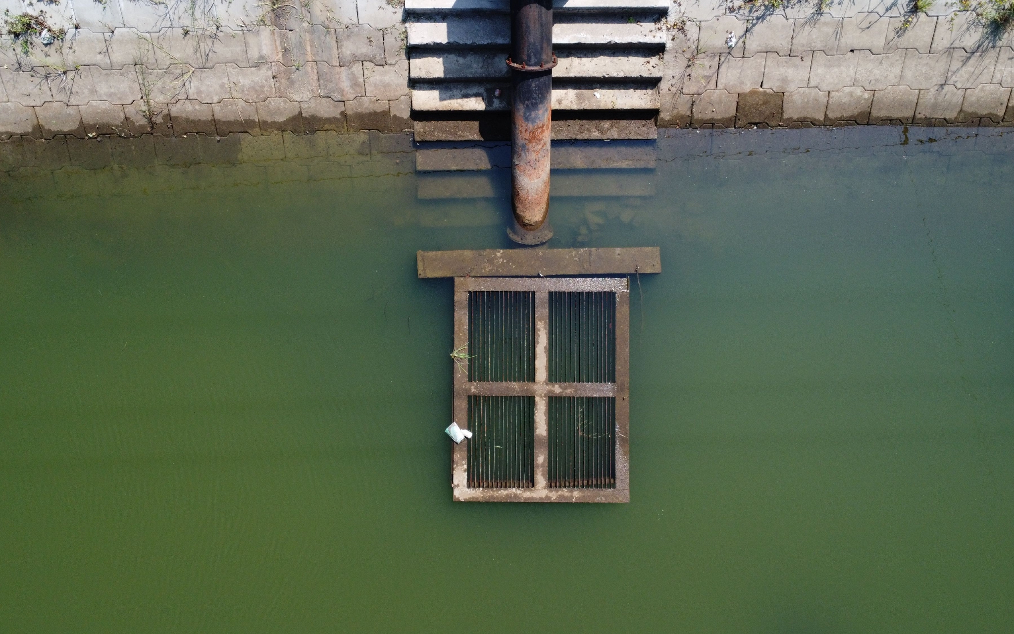8月21日，江苏盱眙县洪湖村，抽水抗旱的水泵入水口。渠里调来的水，在高温下迅速蒸发。新京报记者 周怀宗摄
