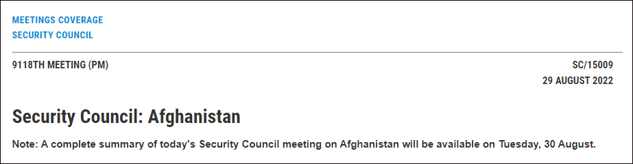 8月29日，联合国安理会举行阿富汗问题公开会