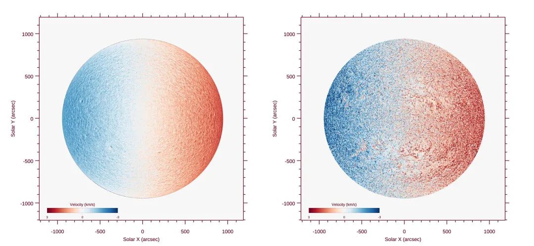 左图为全日面光球多普勒速度场，右图为全日面色球多普勒速度场。图源：南京大学