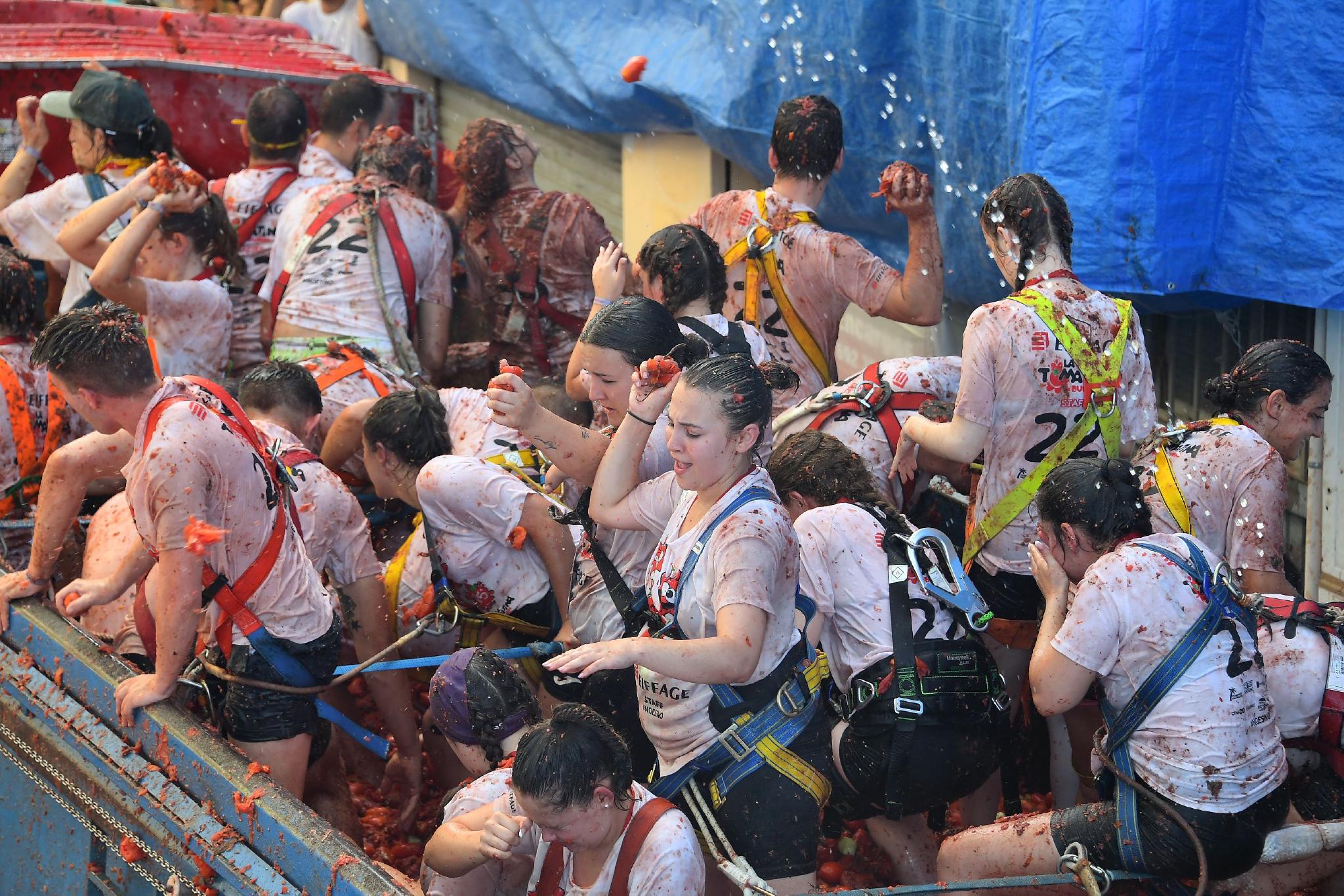 8月31日,在西班牙布尼奥尔举行的"西红柿节"上,人们参加"西红柿大战".