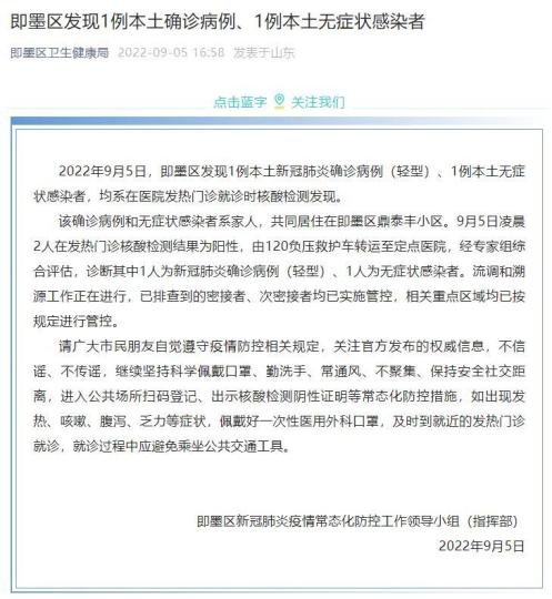 青岛即墨发现本土确诊和无症状感染者各1例休闲区蓝鸢梦想 - Www.slyday.coM