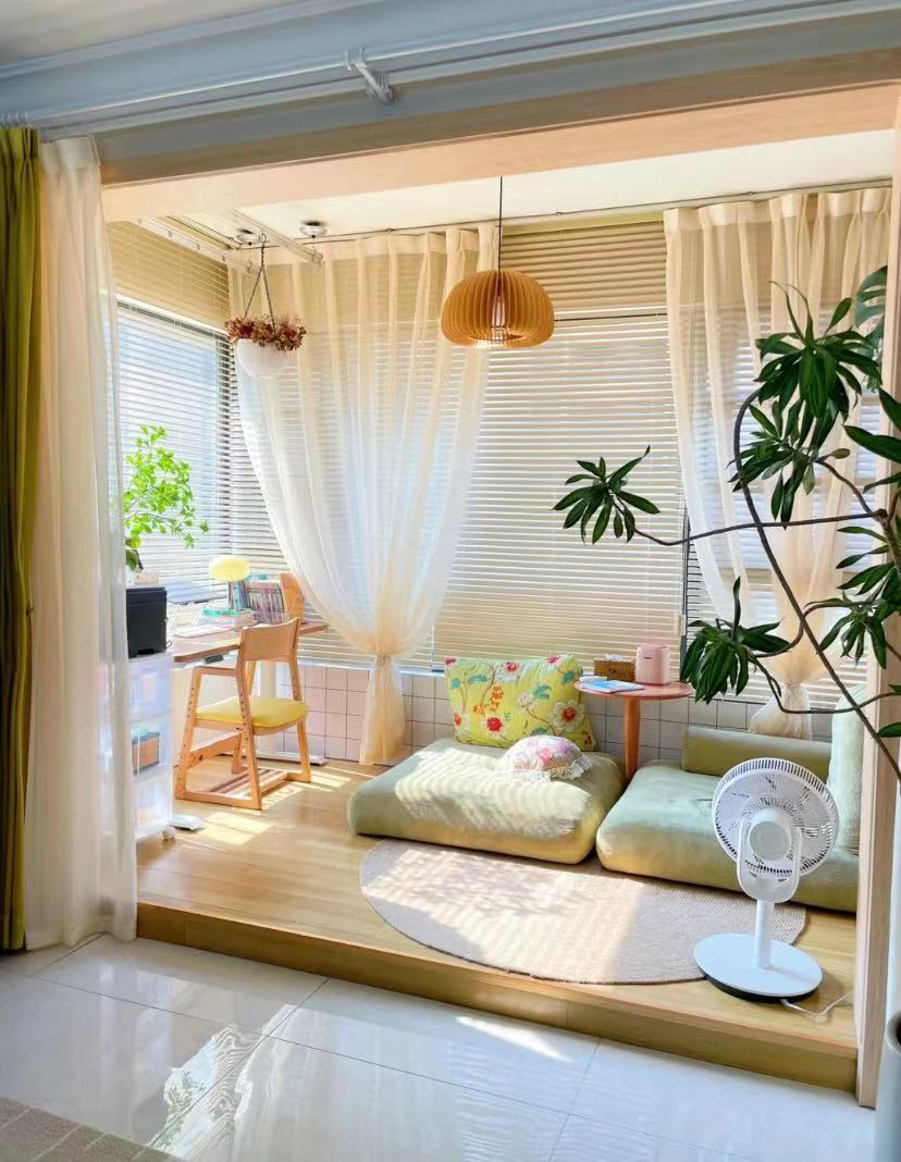 二胎宝妈打通阳台变书房,全屋变田园小清新,原木绿色系好舒服!