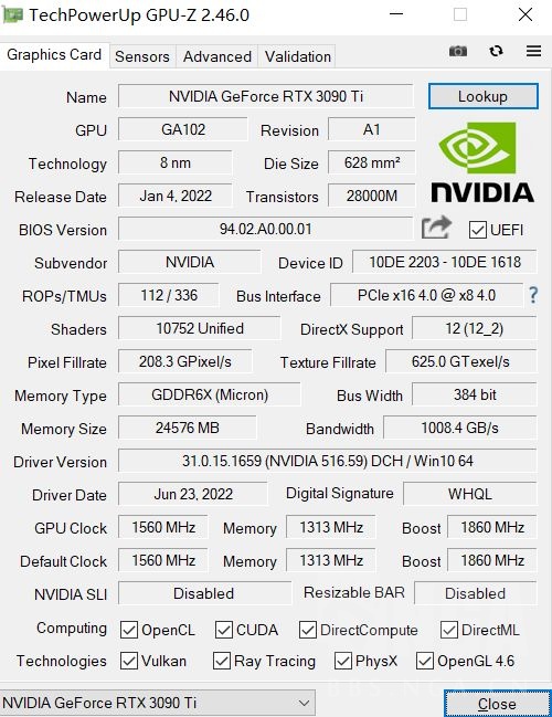 从gpu-z显示的数据来看,其与rtx 3090 ti有着相同的10752个核心数