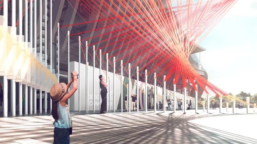 "设计叙事"装置位于主展入口,以火炬造型,如永不熄灭的设计盛焰,一侧