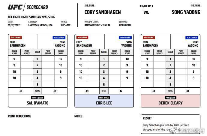 裁判打分卡曝光，有三位裁判将第一回合判给宋亚东……|ufc|桑德哈根|哈根|眉弓|桑德_新浪新闻