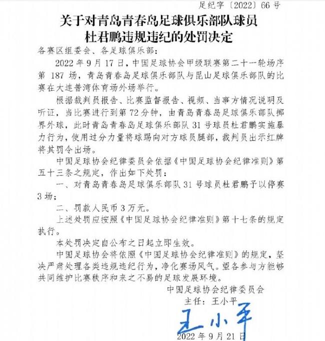 中国足协在其官网公布的处罚决定。  图/中国足协官网