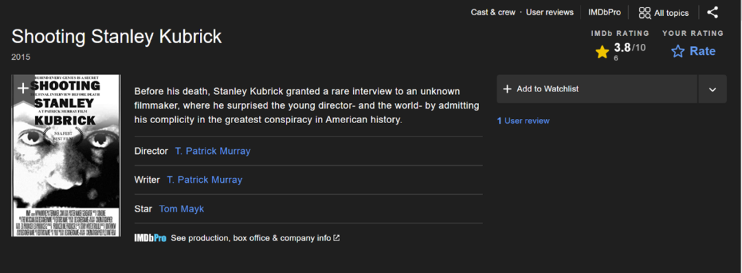 《拍攝斯坦利·庫布里克》電影簡介（IMDb網頁截圖）。