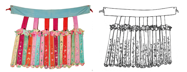 到了清代,又出现一种"凤尾裙",是用缎裁剪成尾端收尖的布条拼接而成