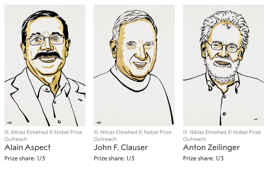 阿兰·阿斯佩（左）、约翰·克劳泽（中）、安东·塞林格（右）。图片来源：诺贝尔奖官网