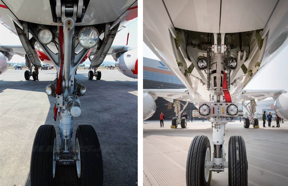 左边图片展示了a320的前起落架灯光,右边图片展示了c919的