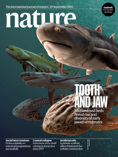 《自然》封面展示了最新发现的5种志留纪古鱼新属种的三维艺术复原，制图：Heming Zhang