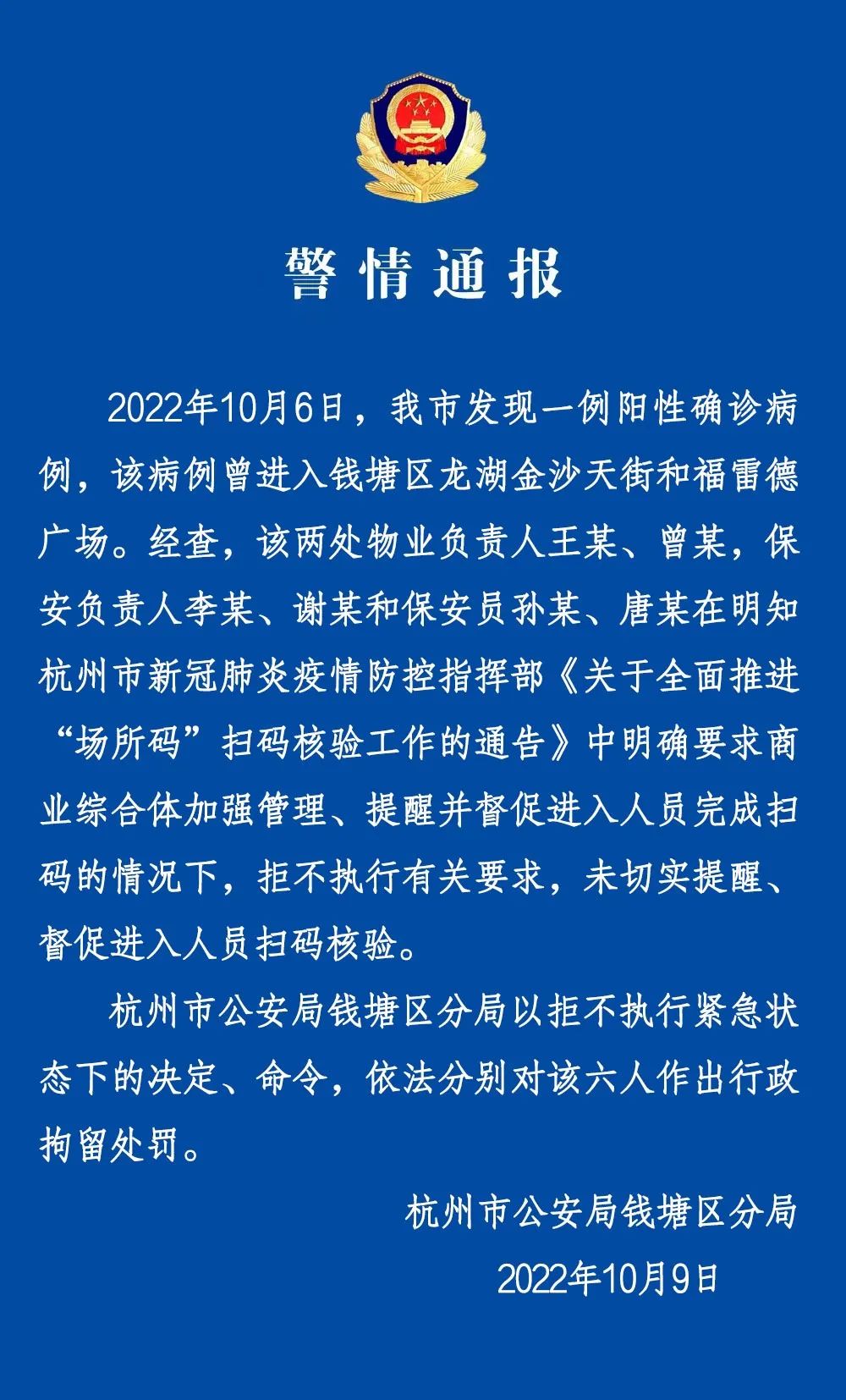 杭州：两商场未落实进入人员扫码核验，六人被拘休闲区蓝鸢梦想 - Www.slyday.coM