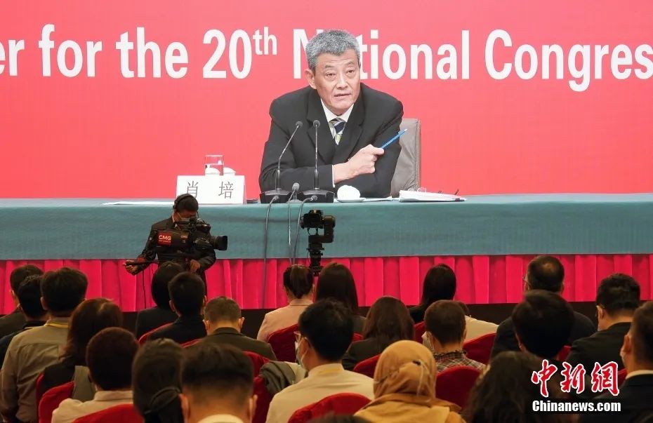 图为在分会场拍摄的肖培答记者问。中新社记者 毛建军 摄