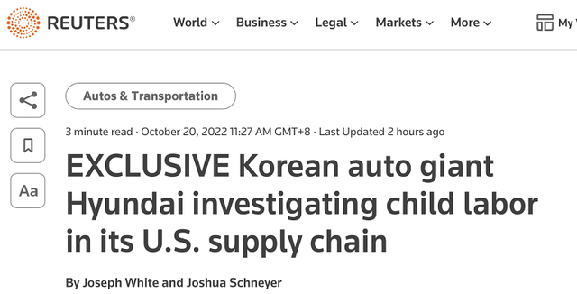 外媒：现代汽车全球COO称，将与使用童工的美国供应商“断绝关系”