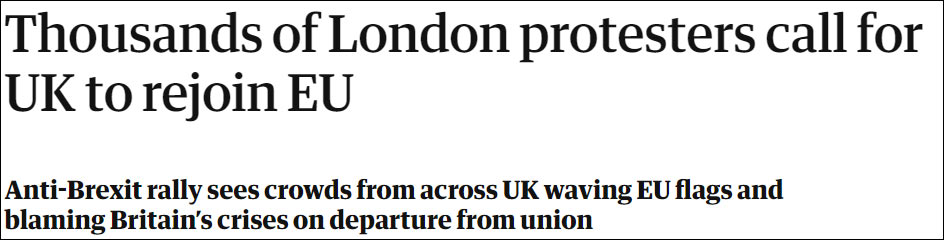 《卫报》报道截图；成千上万的游行者涌上伦敦街头，呼吁英国重返欧盟