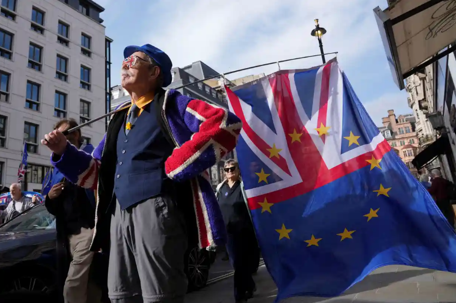一名抗议者在伦敦举着欧盟和英国国旗的混合旗。图自《卫报》