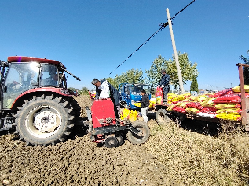 在安徽省蚌埠市怀远县徐圩乡,村民们正在给小麦播种机添加种子和